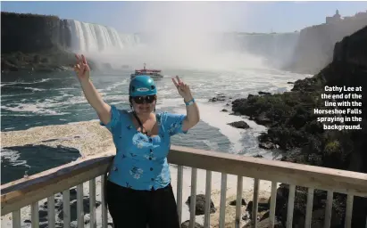  ??  ?? Cathy Lee at the end of the line with the Horseshoe Falls spraying in the background.