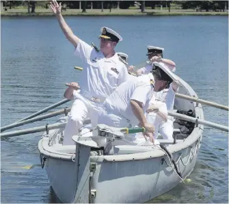  ??  ?? In a scene steeped in tradition, Vice-Admiral Mark Norman waves goodbye as he is rowed away in a whaler after stepping down as the head of the Royal Canadian Navy in a ceremony in Ottawa last June.