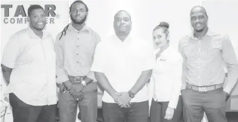  ??  ?? Members of the new executive of the Georgetown Amateur Basketball Associatio­n (GABA). From left to right, second vice-president Kester Gomes, assistant secretary/treasurer Sariah Clarke, president Adrian Hooper, treasurer Natasha Naraine and PRO Rawle...