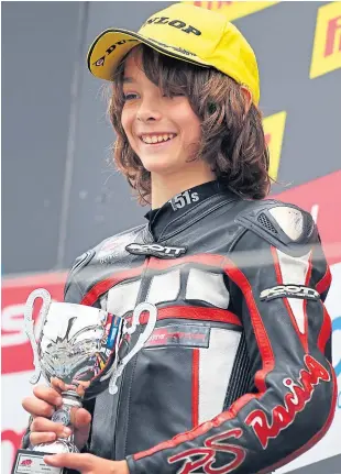  ??  ?? Clockwise from left: Perth teenager Rory Skinner racing at Knockhill last year; Rory after winning the British Superbike Moriwaki Cup in 2014; and the youngster flying the flag for Scottish motorsport.