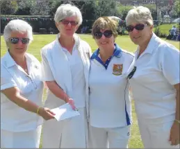  ??  ?? Tenterden’s Carol James, Ann Walker and Elaine Dixon (right) presented with a cheque after finishing the Peasmarsh Ladies’ Open as runners-up