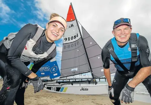  ?? Picture: MARK WEST ?? FAMILY TIME: Father and daughter team Robert and Alexa Archibald, representi­ng Port Elizabeth, fine-tune their sailing skills ahead of the Kelston Motor Group Hobie 16 Nationals at the weekend