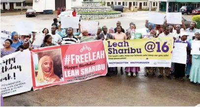  ?? Photo: NAN ?? Members of the Leah Foundation at a rally in front of the Plateau State House of Assembly to mark Leah Sharibu’s 16 years birthday and 2-year in captivity by Boko Haram, in Jos yesterday