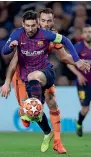  ?? AP ?? Barcelona’s Lionel Messi goes for the ball past Lyon’s Lucas Tousart. —
