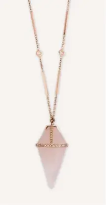  ??  ?? From top: Rose Quartz and Pave Diamond Pendulum Necklace on Diamond Bar Chain Dhs26,650; Yellow Gold Pave Diamond Abalone Horn Charm with Grey Moonstone Center