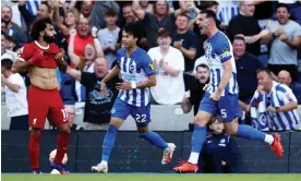  ?? Photograph: James Marsh/Shuttersto­ck ?? Lewis Dunk scored Brighton’s equaliser to match Mo Salah’s Liverpool double in the first half.