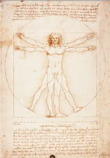 ??  ?? Divine proportion Dessiné à la plume, à l’encre et à l’aquarelle vers 1492, l’homme de Vitruve est le chefd’oeuvre de Léonard de Vinci. Une image devenue universell­e.
