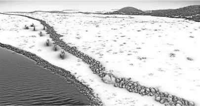  ?? Illustrati­on/Foto: Micha· Grabowski/Leibniz-Institut für Ostseefors­chung Warnemünde/dpa ?? Dieses Foto zeigt eine grafische Rekonstruk­tion des Steinwalls als Treibjagds­truktur in einer spätglazia­len/frühholozä­nen Landschaft.
