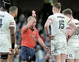  ?? Picture: DAVID ROGERS/ GETTY IMAGES ?? HARSH DECISION: England’s Freddie Steward is shown a red card by SA referee Jaco Peyper during the Six Nations match against Ireland at the Aviva Stadium in Dublin on Saturday