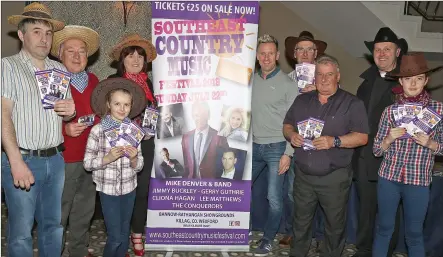  ??  ?? At the launch of the Southeast Country Music Festival 2018 in the Riverside Park Hotel, Enniscorth­y (from left): Fergal Parle, Noel O’Keeffe, Lucy Buckley, Kate Miskella, Mike Denver, Matt Reville, Tony Kehoe, Fr. Jim Butler and Ellie Buckley.