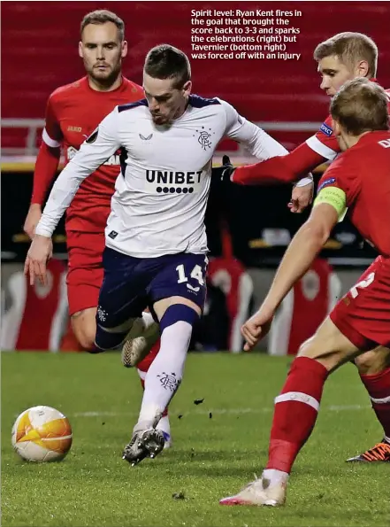  ??  ?? Spirit level: Ryan Kent fires in the goal that brought the score back to 3-3 and sparks the celebratio­ns (right) but Tavernier (bottom right) was forced off with an injury