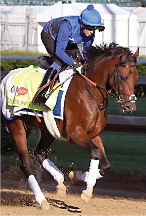  ?? (Photo by Garry Jones, AP) ?? Kentucky Derby hopeful Thunder Snow, ridden by Daragh O'Donohue, gallops for the first time at Churchill Downs in Louisville, Ky., on Tuesday.