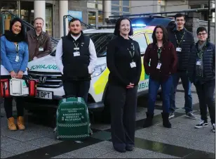  ??  ?? Sam Paterson, centre, BSc Paramedic Science programme leader at Glasgow Caledonian University, with student paramedics, Michele Durham, Chris Anderson, Tiarnan Haddock, Carole McCusker, Greg Macleod and Nikki McGrath Pictures: Colin Mearns