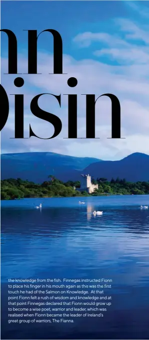  ??  ?? the knowledge from the fish. Finnegas instructed Fionn to place his finger in his mouth again as this was the first touch he had of the Salmon on Knowledge. At that point Fionn felt a rush of wisdom and knowledge and at that point Finnegas declared that Fionn would grow up to become a wise poet, warrior and leader, which was realised when Fionn became the leader of Ireland’s great group of warriors, The Fianna.
