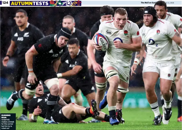  ??  ?? RUNNING MAN: Underhill makes a break for the corner but his try is ruled out