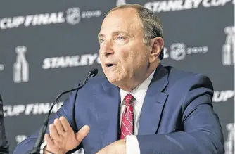  ?? USA TODAY SPORTS ?? NHL commission­er Gary Bettman speaks at a press conference before Game 1 of the 2019 Stanley Cup Final between the Boston Bruins and the St. Louis Blues at TD Garden.