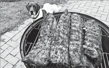  ?? JOHN KASS/CHICAGO TRIBUNE ?? Zeus the Wonder Dog watches over Greek-style ribs made on a charcoal grill.