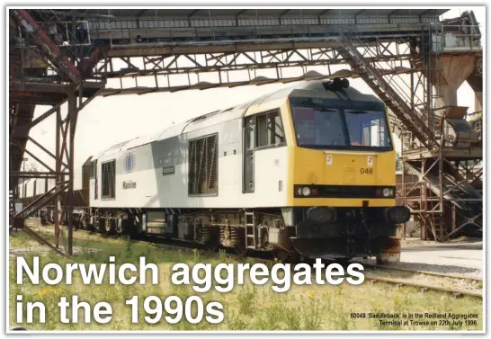  ??  ?? 60048 ‘Saddleback’ is in the Redland Aggregates Terminal at Trowse on 22th July 1996.