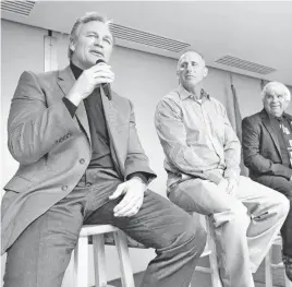  ??  ?? 2016 Oklahoma Sports Hall of Fame Inductees Brian Bosworth, left, Joe Dial and Jimmy Houston answer questions during the Leadership Luncheon at the Jim Thorpe Oklahoma Sports Museum in Oklahoma City on Jan. 14.