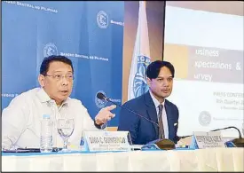  ??  ?? BSP Deputy Governor Diwa Guinigundo (left) and BSP head of Department of Economic Statistics Paolo Alegre discuss the results of the Consumer Expectatio­ns and Business Expectatio­ns surveys.