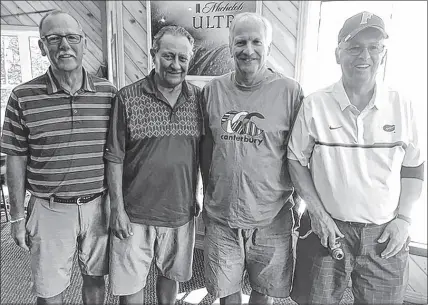  ??  ?? Gordie Spears, left, Ron Hanna, Mike Henderson and Howie Spears shared some great sports history recently following a golf outing.