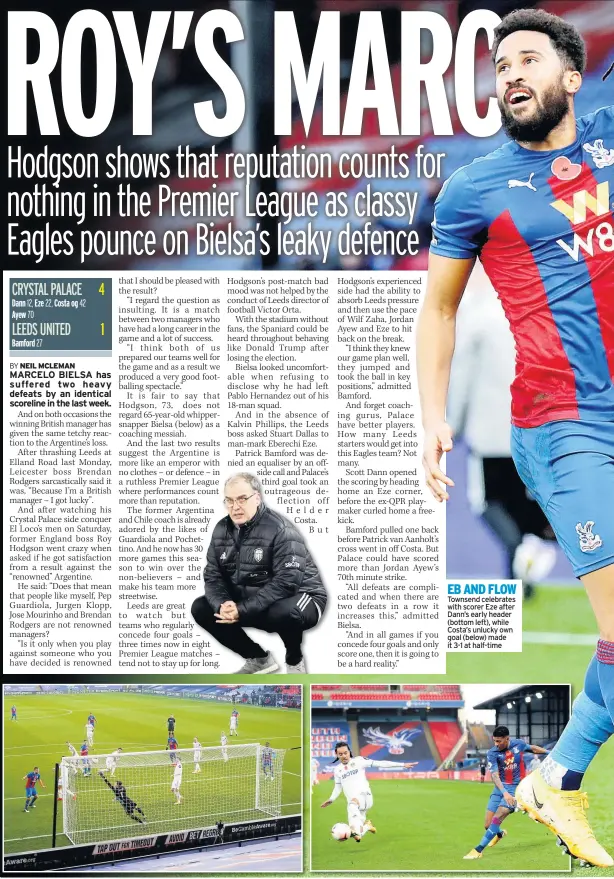  ??  ?? EB AND FLOW Townsend celebrates with scorer Eze after Dann’s early header (bottom left), while Costa’s unlucky own goal (below) made it 3-1 at half-time