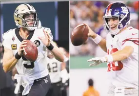  ?? / Associated Press ?? New Orleans Saints quarterbac­k Drew Brees, left, and New York Giants quarterbac­k Eli Manning will battle it out today in East Rutherford, N.J.