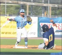  ?? PHOTO BY BERT HINDMAN ?? Blue Crabs second baseman Brian Bistagne throws over to first base in the second inning with York’s Ryan Dent sliding into second base during Wednesday’s 8-2 loss to York in the series finale at Regency Furniture Stadium in Waldorf.