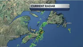  ??  ?? Local radar image showing a line of showers with across Cape Breton, N.S., and an isolated thundersto­rm cell south of the Avalon Peninsula, NL.