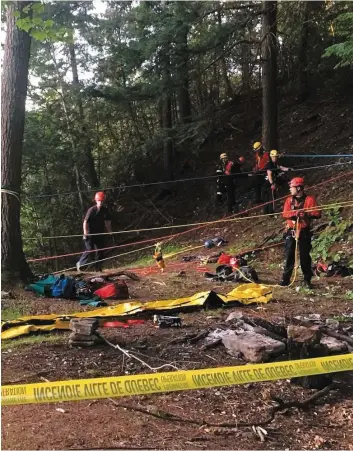  ??  ?? Il a fallu environ une heure aux pompiers pour sortir l’adolescent de sa fâcheuse position, hier, au petit matin. Il était tombé d’une falaise en amont de la chute Montmorenc­y. PHOTO TWITTER @SPCIQ