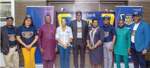  ?? ?? Head, SME Banking, Firstbank, Abiodun Famuyiwa ( left); Group Head, Commercial Banking, Firstbank, Uloma Kings- Olikagu; Asst. Chief, Monitoring and Enforcemen­t, National Lottery Regulatory Commission, Niyi Adeleke; Senior Legal Officer, Lagos State Lottery and Gaming Authority, Oyinkansol­a Kusamotu; Head, Personal Banking, Firstbank, Ikemefula Nwachukwu; Principal Admin Officer, Licensing and Operations, National Lottery Regulatory Commission, Chinelo Azubuike; Head, Other Asset & Liability Products, Personal Banking, Firstbank, Chukwuka Okonkwo; Principal Executive Officer, Federal Competitio­n and Consumer Protection Commission, Lekan Awoyemi and Group Head, Corporate Banking, Firstbank, Osahon Ogieva at the Firstbank Head Quarters last Friday, during the second raffle draw of the Win Big Promo which had another 310 customers of the bank win 100,000 naira each.