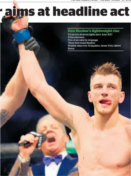  ?? Photo / Photosport ?? Dan Hooker is declared the winner of his bout in Melbourne and now wants to be top of the bill.