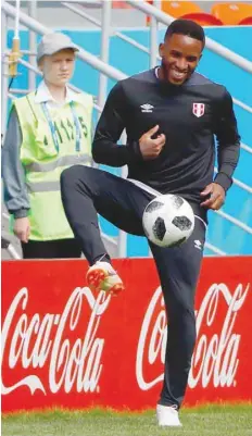  ?? — AFP ?? Peru’s Jefferson Farfan takes part in a training session at the Mordovia Arena in Saransk on Friday, a day ahead of their Russia World Cup 2018 Group C match against Denmark.