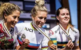  ??  ?? Right At the 2019 World Champs, XC racers Pauline Ferrand-Prévot, Jolanda Ne  and Rebecca McConnell graced the podium. Who’ll get that honour this year?