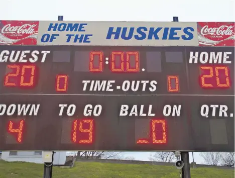  ?? KINTZEL/MORNING CALLFILE PHOTO RICK ?? The scoreboard at J. Birney Crum Stadium, home to Allen, Dieruff and Central Catholic football teams, is among schools across District 11 to put on its stadium lights and scoreboard Friday night to salute the 2020 student-athletes and the heroes on the front line of the COVID-19 battle.