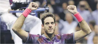  ?? Picture: Getty Images ?? IT TOOK HARD WORK. Juan Martin del Potro celebrates after beating Roger Federer 7-5, 3-6, 7-6 (10/8), 6-4 in the US Open quarterfin­als at Flushing Meadows in New York on Wednesday.