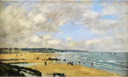  ??  ?? Ci-dessus à gauche : Plage de Trouville, vers 1900
Ci-dessus à droite : Même plage, peinte par Eugène Boudin en 1893
Ci-contre :
Plage de Trouville de nos jours