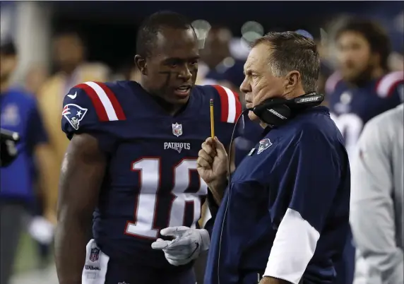  ?? WINSLOW TOWNSON — AP IMAGES FOR PANINI ?? Patriots special teams ace Matthew Slater, shown talking to head coach Bill Belichick during a 2017 game, may opt to retire. Whether Slater returns or not, the Patriots’ special teams must improve next season.