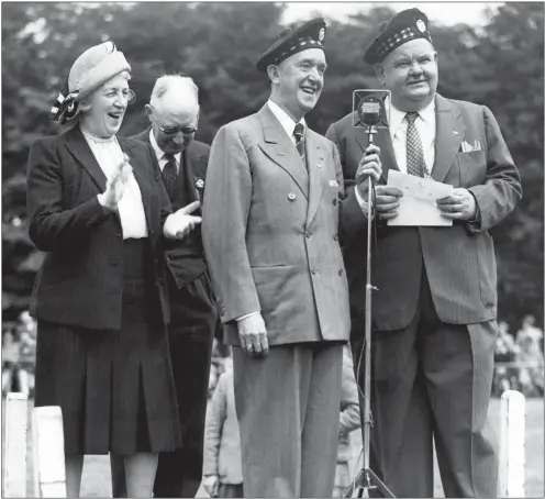  ??  ?? Above: Laurel and Hardy attend a gymkhana and sheepdog display at Eastwood Park in Giffnock in 1947 and, below right, the comic duo in one of their sketches. Below left: Stan and Ollie, starring John C Reilly as Hardy and Steve Coogan as Laurel