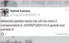  ??  ?? Faksimile e postimit të Kutrones në "Facebook", më 21 maj të 2012-ës: Milanistë, flisni shumë, por kush e fitoi kampionati­n! JUVENTUSI!!! &lt;3 &lt;3 Kështu që mos flisni!!!!