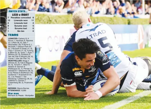  ?? PICTURES: Getty Images ?? First blood: Joey Carbery goes over to score Leinster’s first try