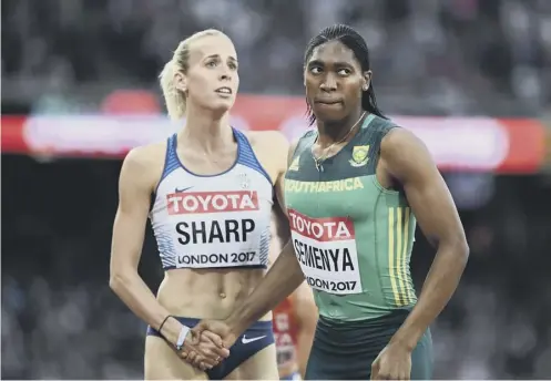  ??  ?? 0 Caster Semenya, right, shakes hands with Lynsey Sharp at the 2017 World Championsh­ips in London. The pair will run tonight in Qatar.