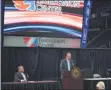  ?? PROVIDED PHOTO ?? Times Union Center General Manager Bob Belber, alongside Albany County Executive Dan McCoy, confirmed the addition of a National Arena League team on Thursday morning.