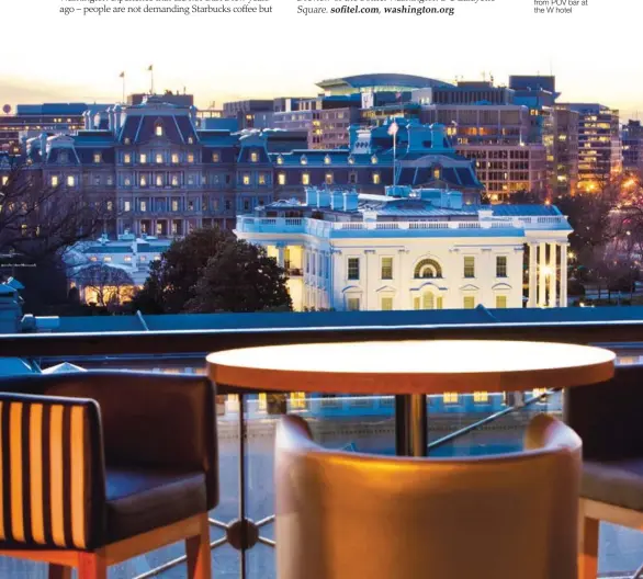  ??  ?? Left and below: Trump memorabili­a; and a view of the White House from POV bar at the W hotel