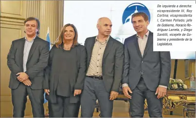  ??  ?? De izquierda a derecha: vicepresid­ente III, Roy Cortina; vicepresid­enta I, Carmen Polledo; jefe de Gobierno, Horacio Rodríguez Larreta, y Diego Santilli, vicejefe de Gobierno y presidente de la Legislatur­a.