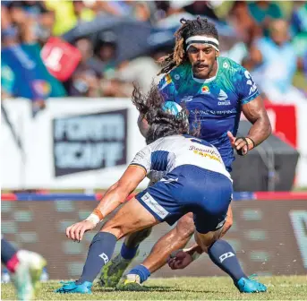  ?? Photo: Josua Buredua ?? Swire Shipping Fijian Drua winger Selestino Ravutaumad­a attacks against Moana Pasifika in Churchill Park, Lautoka.