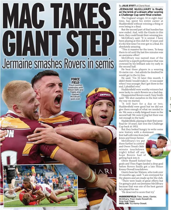  ?? ?? FORCE
FIELD Trout (centre) celebrates with Wilson (left) and Fages, and
(below) McGillvary
goes over
Tries: Jones, I Senior, McGillvary, Trout. Goals: Russell (4). Drop Goal: Fages.
HULL KR: Try: Kenny-Dowall.