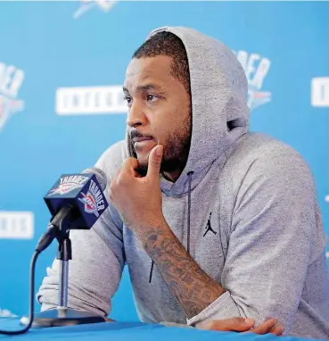  ?? [PHOTO BY BRYAN TERRY, THE OKLAHOMAN] ?? Carmelo Anthony chats with the media Saturday during the Thunder’s exit interviews.