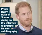  ?? ?? Prince
Harry,
Duke of Sussex during an
ITV interview to promote his new autobiogra­phy