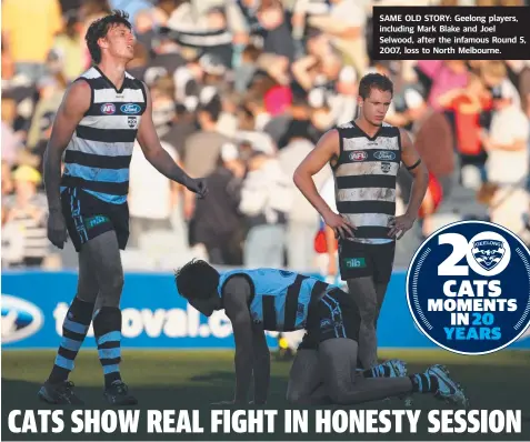  ??  ?? SAME OLD STORY: Geelong players, including Mark Blake and Joel Selwood, after the infamous Round 5, 2007, loss to North Melbourne.